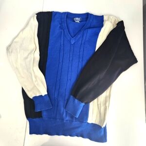 La Mode V-Neck Cotton Sweater Size Large Men's Cotton Vintage Cable Knit Blue